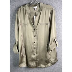 Chico’s Lanette Sleek Shine Mandarin Collar Top Size 3 ~ Womens XL Olive NWT